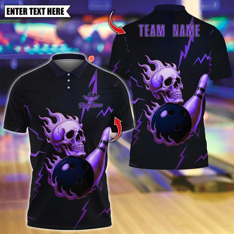 Custom Bowling Polo Shirt, Metal Skull Bowling Design, Personalized Bowling Polo for Men Women, Personalized Name Team 3D Shirt