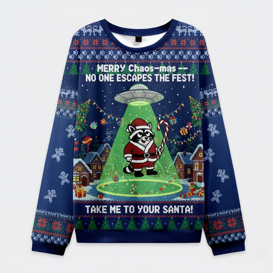 🛸 Merry Chaos-mas Ugly Christmas Sweater – Alien Abduction Raccoon Holiday Jumper
