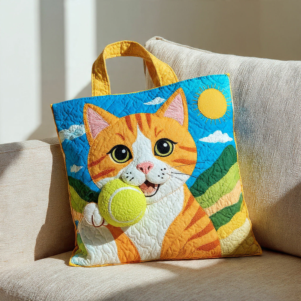 Sunny Tennis Tabby Quilted Tote Bag – Playful Cat Embroidery
