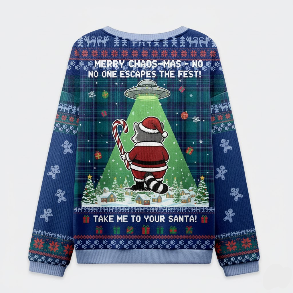 🛸 Merry Chaos-mas Ugly Christmas Sweater – Alien Abduction Raccoon Holiday Jumper