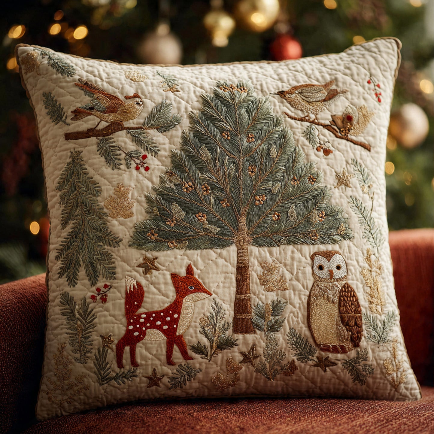 Woodland Christmas Pillow — Pine Tree Scene with Fox & Owl