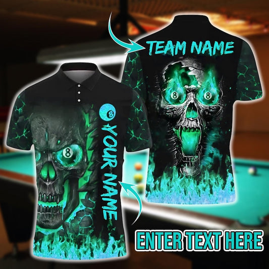 Custom 3D Billiards Polo Shirt – 8 Ball Skull and Fire Design | Custom Name and Team | Multicolor Sport Jersey, Gift For Dad, For Man.