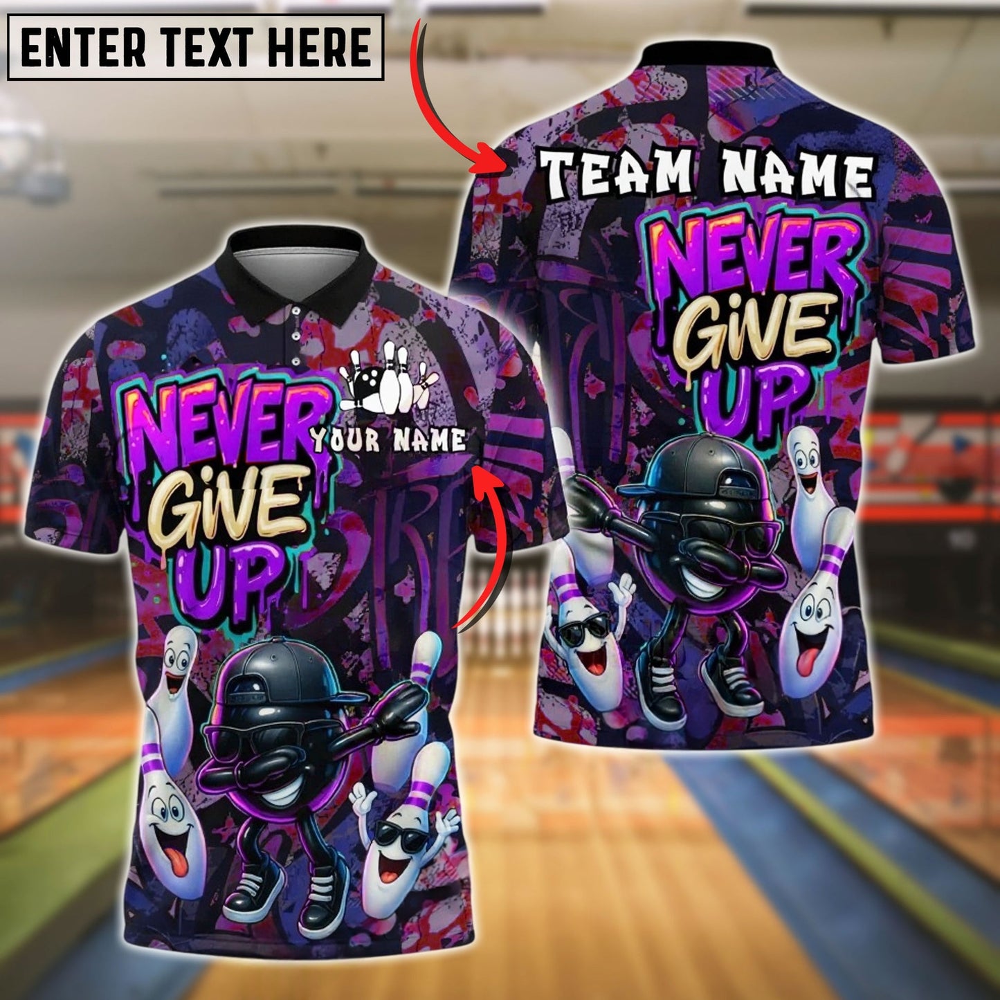 Bowling And Pins Graffiti Never Give Up Dab Customized Name, Team Name 3D Shirt (4 Colors)