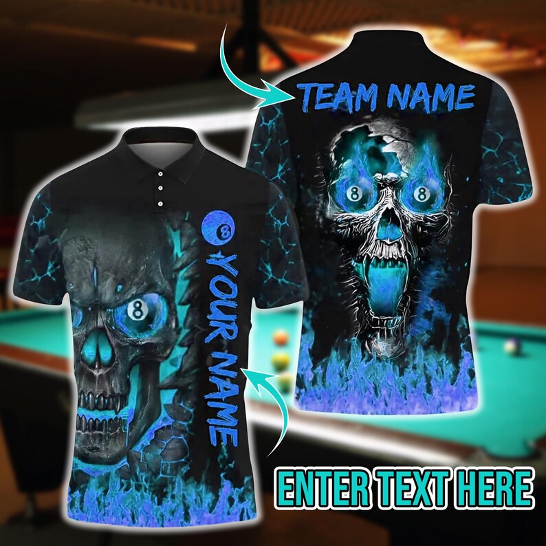 Custom 3D Billiards Polo Shirt – 8 Ball Skull and Fire Design | Custom Name and Team | Multicolor Sport Jersey, Gift For Dad, For Man.
