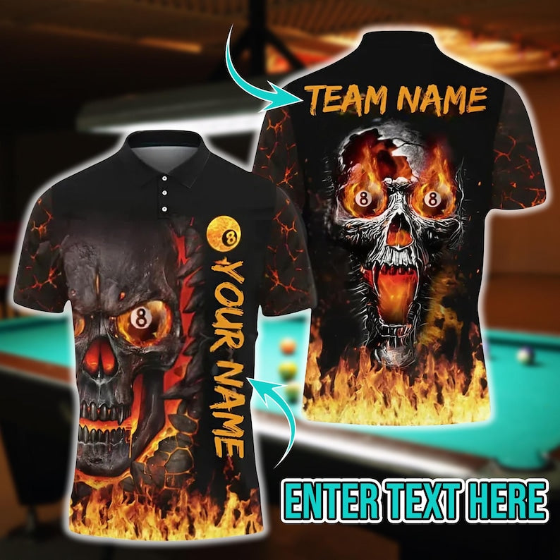 Custom 3D Billiards Polo Shirt – 8 Ball Skull and Fire Design | Custom Name and Team | Multicolor Sport Jersey, Gift For Dad, For Man.