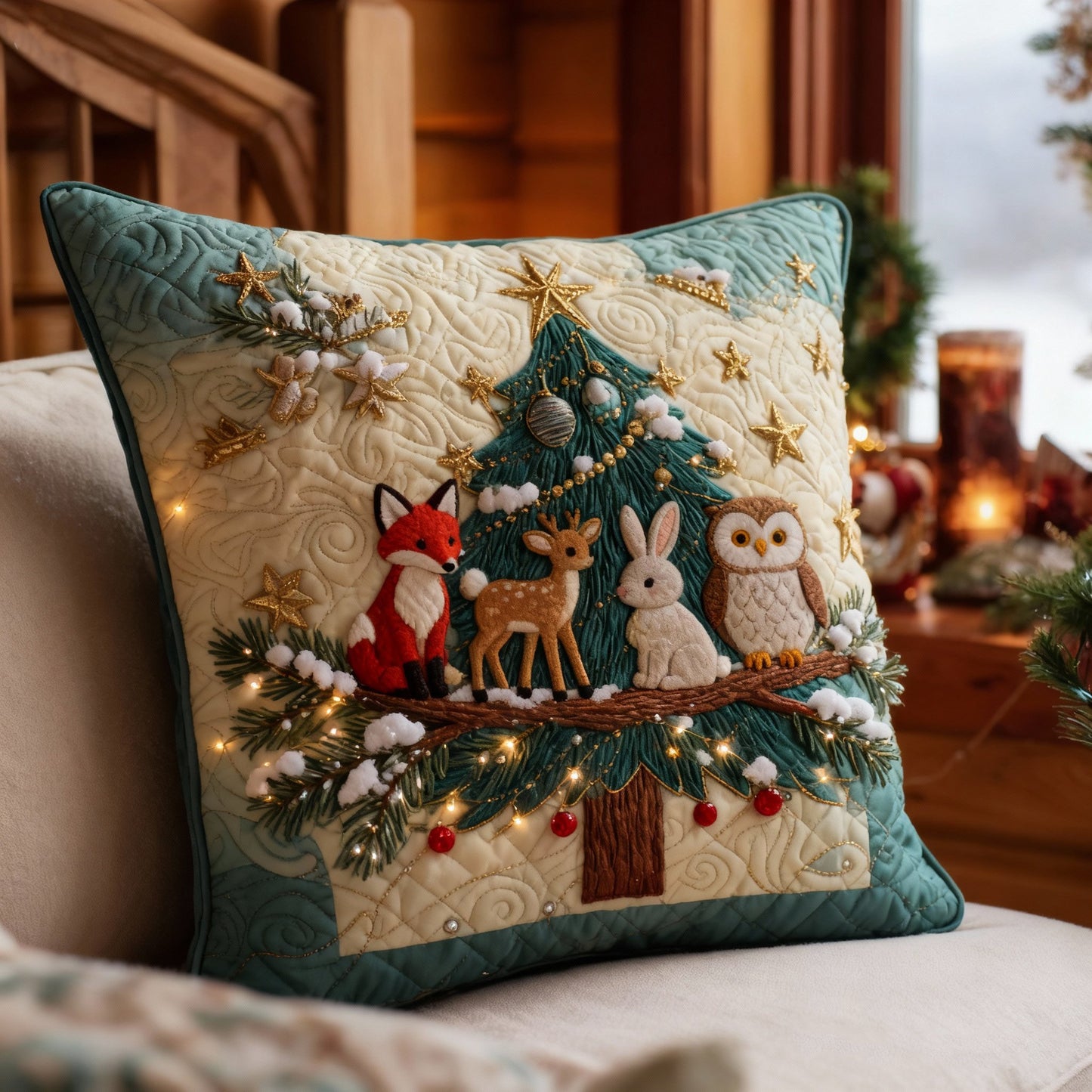 Woodland Animals Christmas Tree Pillow — Fox, Deer, Rabbit & Owl
