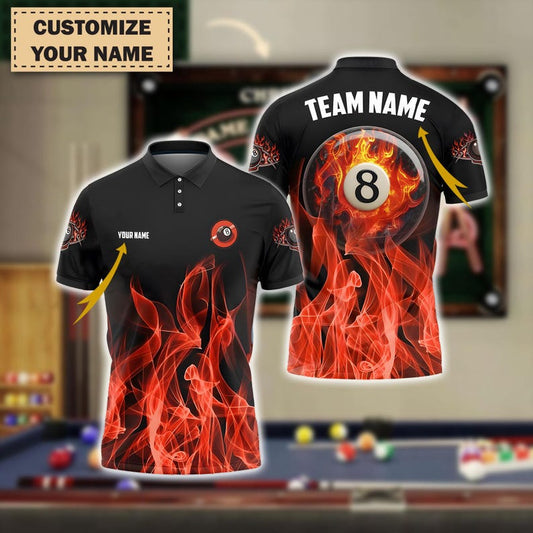 Custom 3D Billiards Polo Shirt, 8 Ball Heavenly Flame Design | Custom Name & Team | Multicolor Jersey Options, Gift For Dad, For Man.