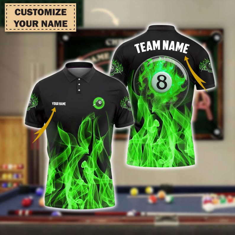 Custom 3D Billiards Polo Shirt, 8 Ball Heavenly Flame Design | Custom Name & Team | Multicolor Jersey Options, Gift For Dad, For Man.