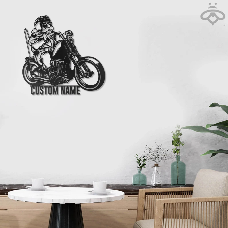 Custom Christmas Santa Riding Motorcycle Metal Wall Art-Personalized Biker Name Sign Decoration Dirt Bike