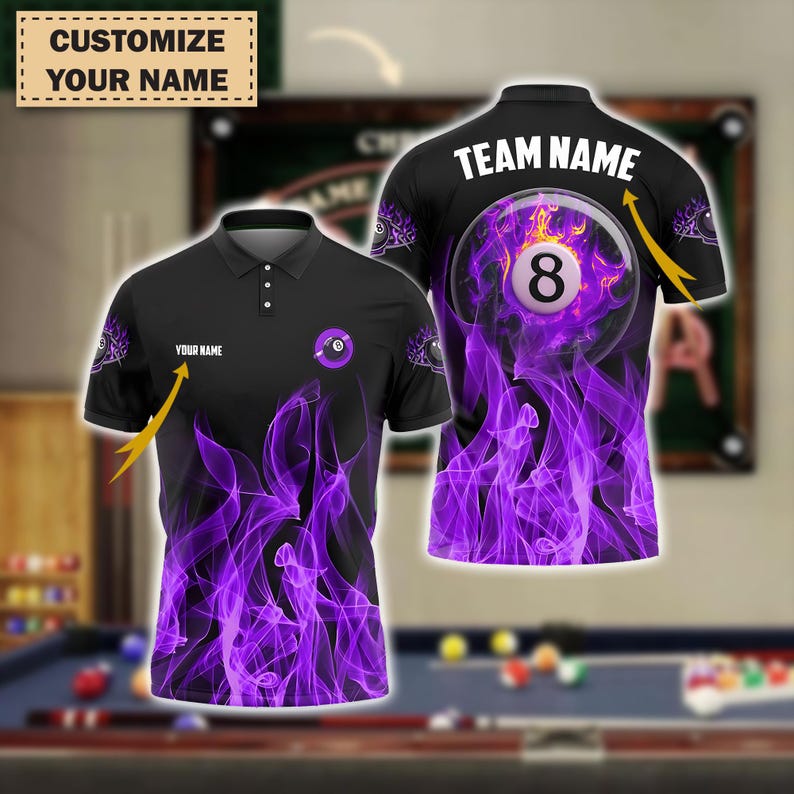 Custom 3D Billiards Polo Shirt, 8 Ball Heavenly Flame Design | Custom Name & Team | Multicolor Jersey Options, Gift For Dad, For Man.