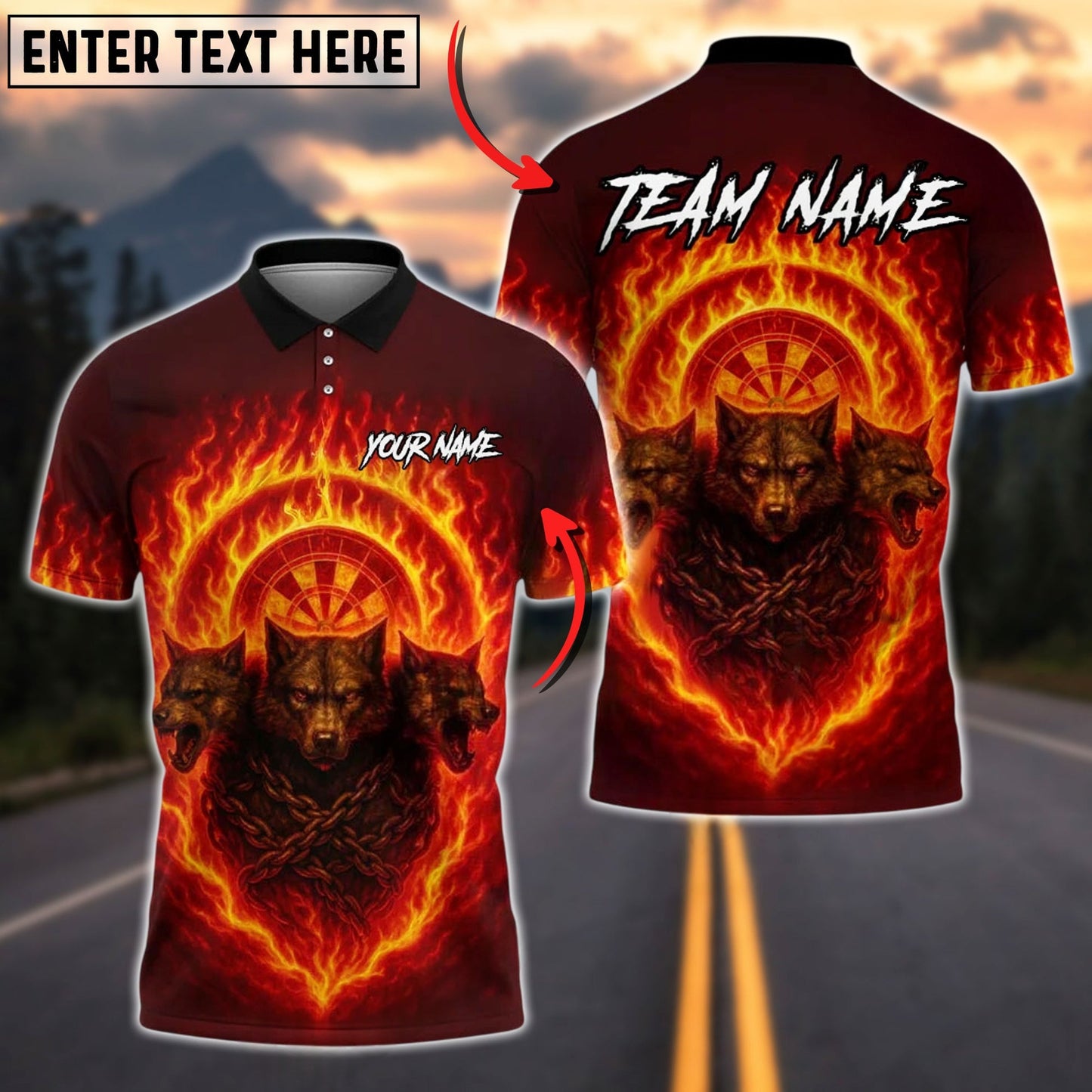 Darts Three Wolves Fire Dartboard Personalized Name, Team Name Unisex Shirt (4 Colors)