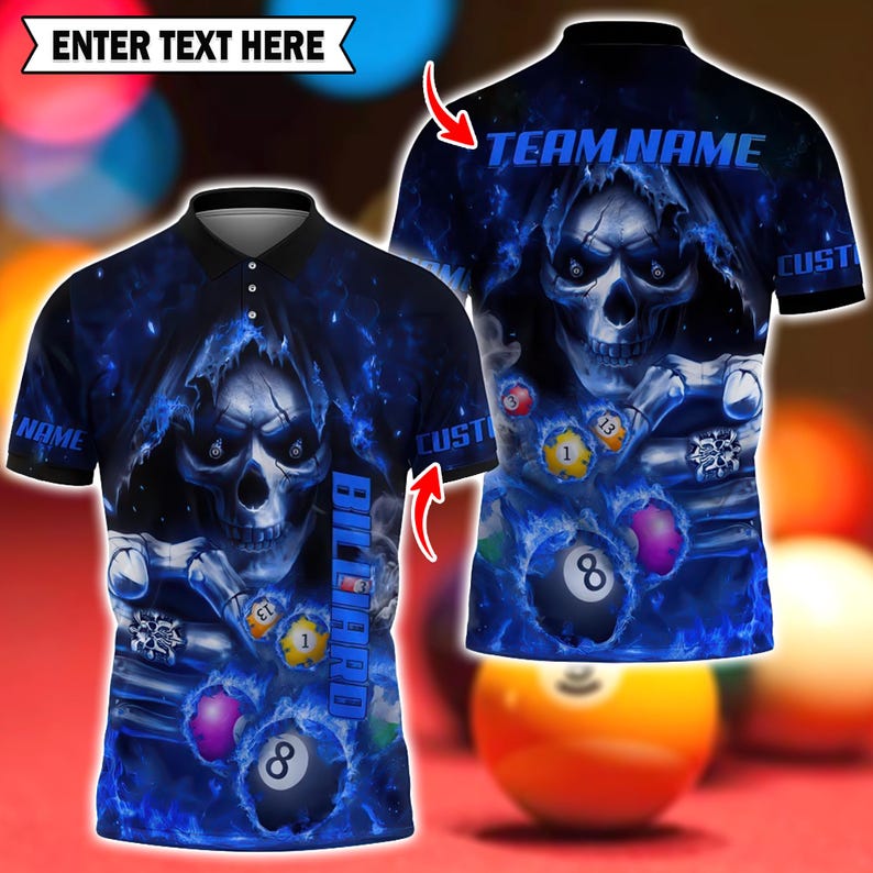 Billiards 3D Polo Shirt, Custom Skull Flame Billiards Shirt, 3D Pool Shirt with Player & Team Name, Multicolor Cue Sports Uniform Gift.