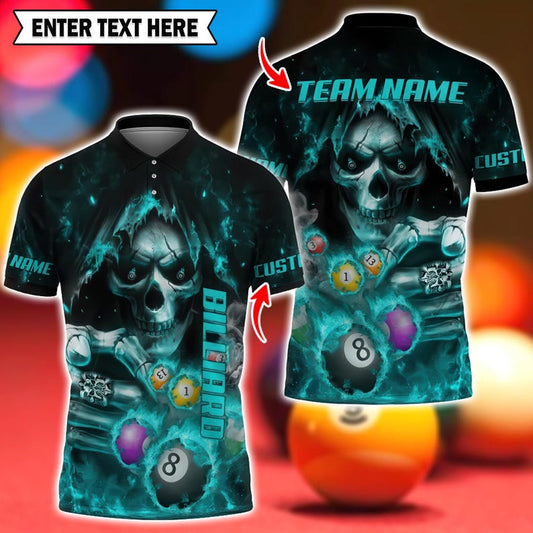 Billiards 3D Polo Shirt, Custom Skull Flame Billiards Shirt, 3D Pool Shirt with Player & Team Name, Multicolor Cue Sports Uniform Gift.
