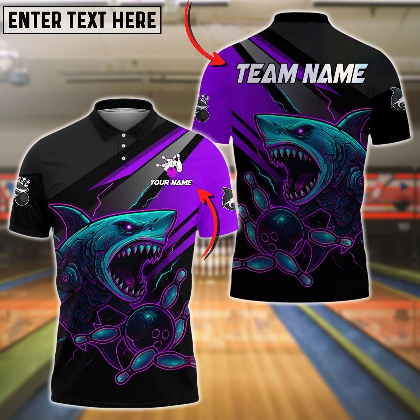Bowling And Pins Cyborg Shark Customized Name, Team Name 3D Shirt (4 Colors)