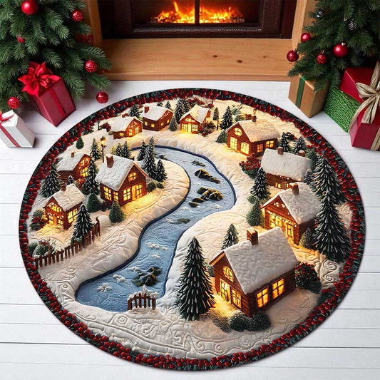 3D Printed Christmas Village Scene Small Snow Houses Round Rug