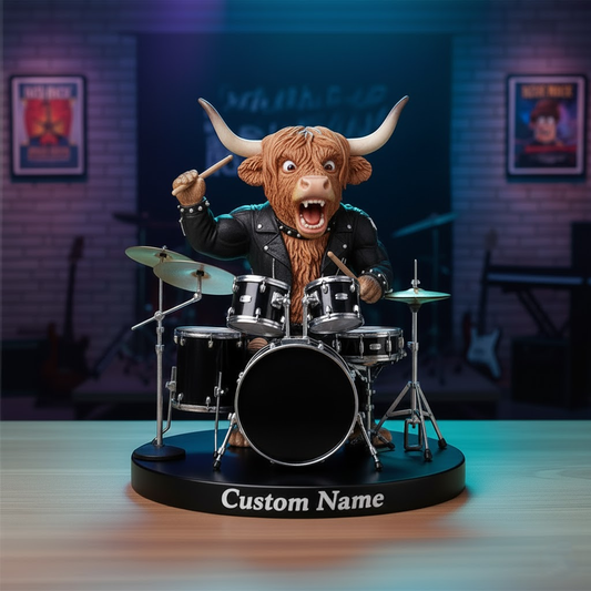 🥁 Custom Highland Cow Drummer Figurine – Funny Animal Band Personalized Music Decor