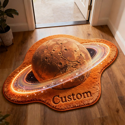 Rusted Mars Crater Planet 3D Rug — Ember Glow Rings — Custom Name