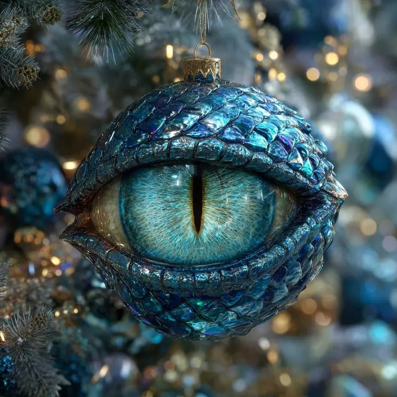 Ice-Blue Dragon Eye Ornament — Iridescent Scaled Bauble — Fantasy Holiday Decor