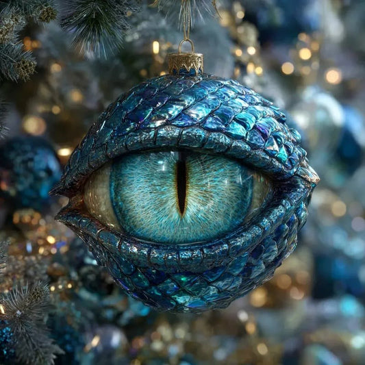 Ice-Blue Dragon Eye Ornament — Iridescent Scaled Bauble — Fantasy Holiday Decor