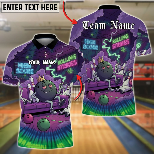 Bowling Polo Shirt, Crowned Bowling Ball on Couch, Neon Signs and Rolling Strikes, Customized Name, Team Name 3D Shirt