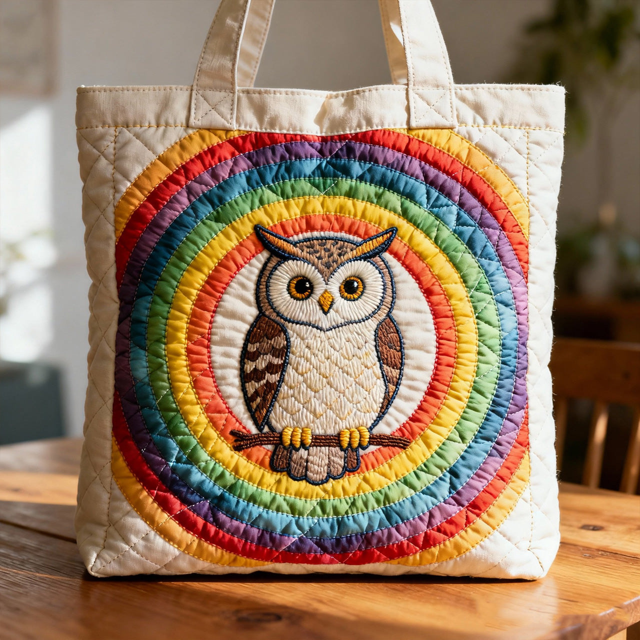 Rainbow Owl Circle Quilted Tote Bag – Ivory