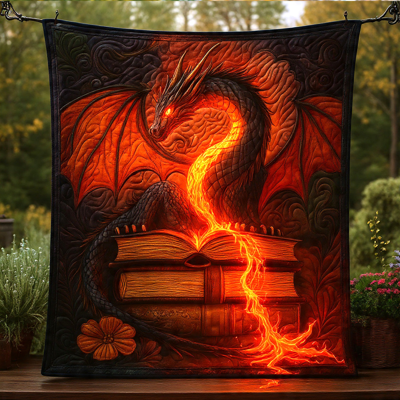 Lava Lore Dragon over Spellbooks — Quilted Throw