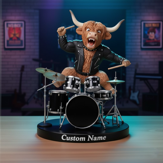 🥁 Custom Highland Cow Drummer Figurine – Funny Animal Band Personalized Music Decor 1