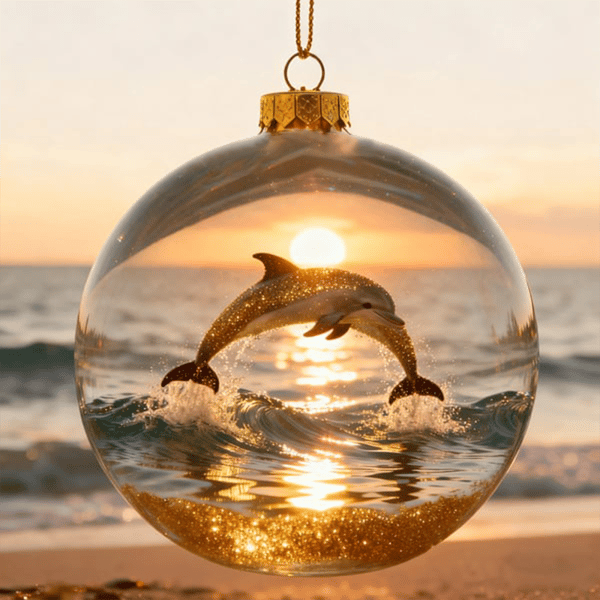 Sunset Dolphin Ocean Wave Glass Ornament