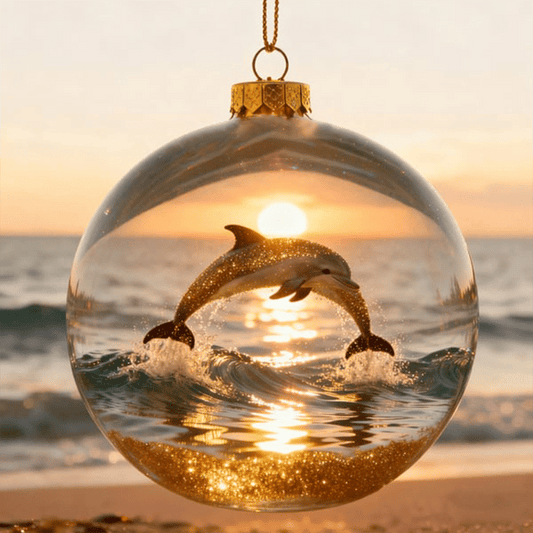 Sunset Dolphin Ocean Wave Glass Ornament