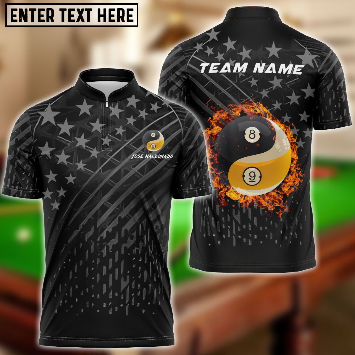 Billiards Ball 8 & 9 Fire Black US Flag Customized Name, Team Name 3D Shirt