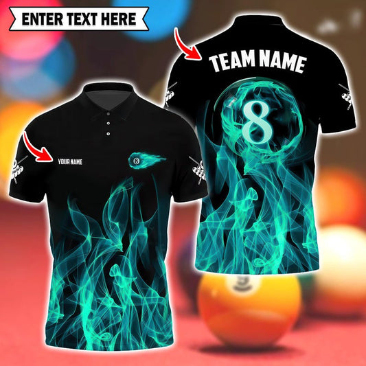 Custom Billiard Pool 8 Ball Flame Polo Shirt, Personalized Name and Team, 3D Men and Women’s Pool Jersey for Teams and Players.