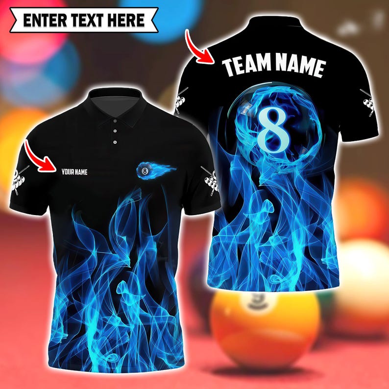 Custom Billiard Pool 8 Ball Flame Polo Shirt, Personalized Name and Team, 3D Men and Women’s Pool Jersey for Teams and Players.