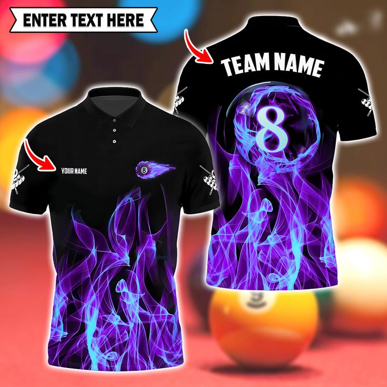 Custom Billiard Pool 8 Ball Flame Polo Shirt, Personalized Name and Team, 3D Men and Women’s Pool Jersey for Teams and Players.