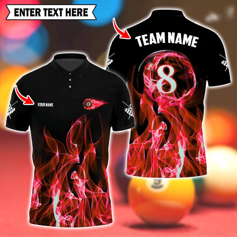 Custom Billiard Pool 8 Ball Flame Polo Shirt, Personalized Name and Team, 3D Men and Women’s Pool Jersey for Teams and Players.