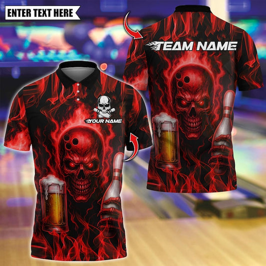 Custom Bowling Polo Shirt, Flame Punisher Skull Bowling Design, Personalized Bowling Polo for Men Women, Personalized Name Team 3D Shirt
