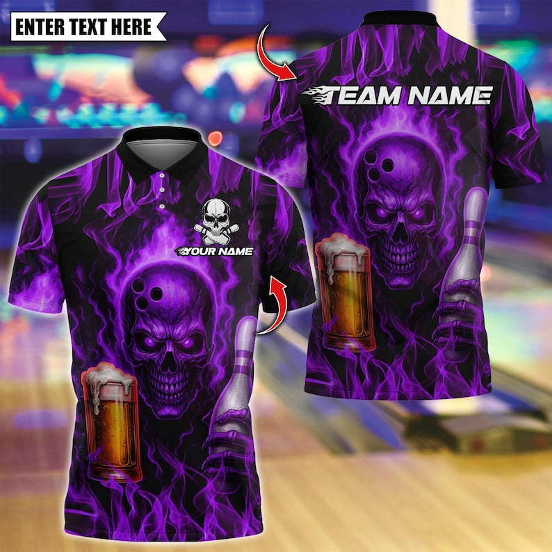 Custom Bowling Polo Shirt, Flame Punisher Skull Bowling Design, Personalized Bowling Polo for Men Women, Personalized Name Team 3D Shirt
