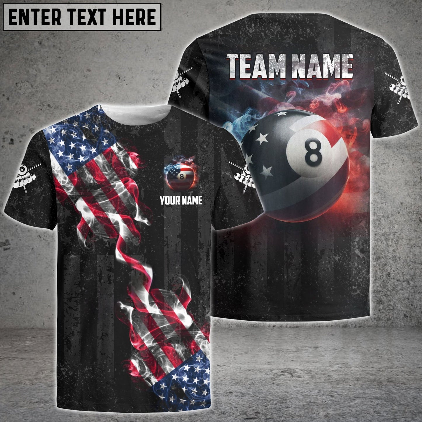 Billiards Ball 8 Pool Smoke US Flag Personalized Name, Team Name Unisex Shirt