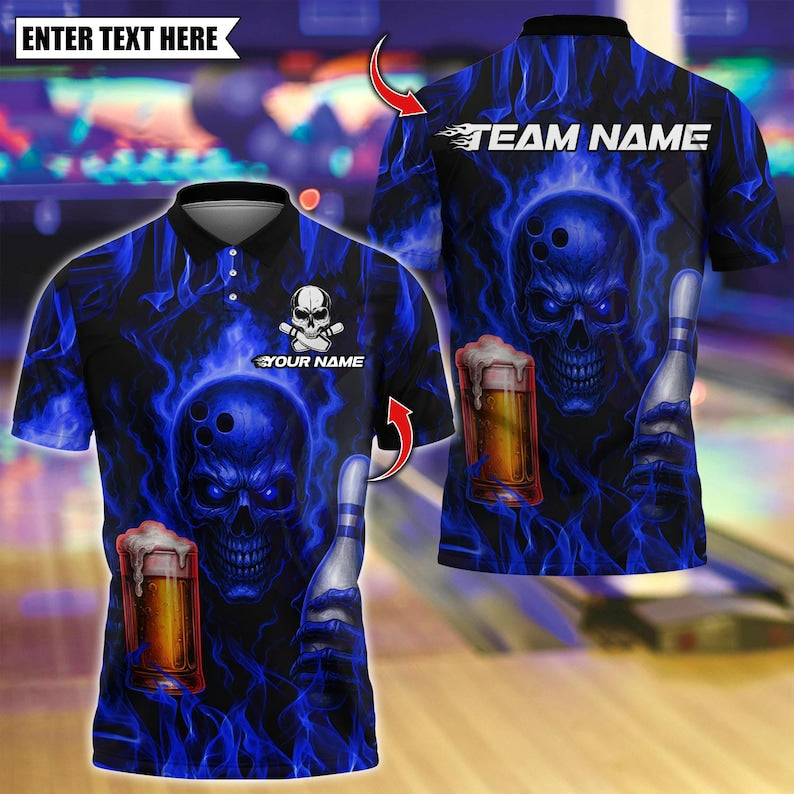 Custom Bowling Polo Shirt, Flame Punisher Skull Bowling Design, Personalized Bowling Polo for Men Women, Personalized Name Team 3D Shirt