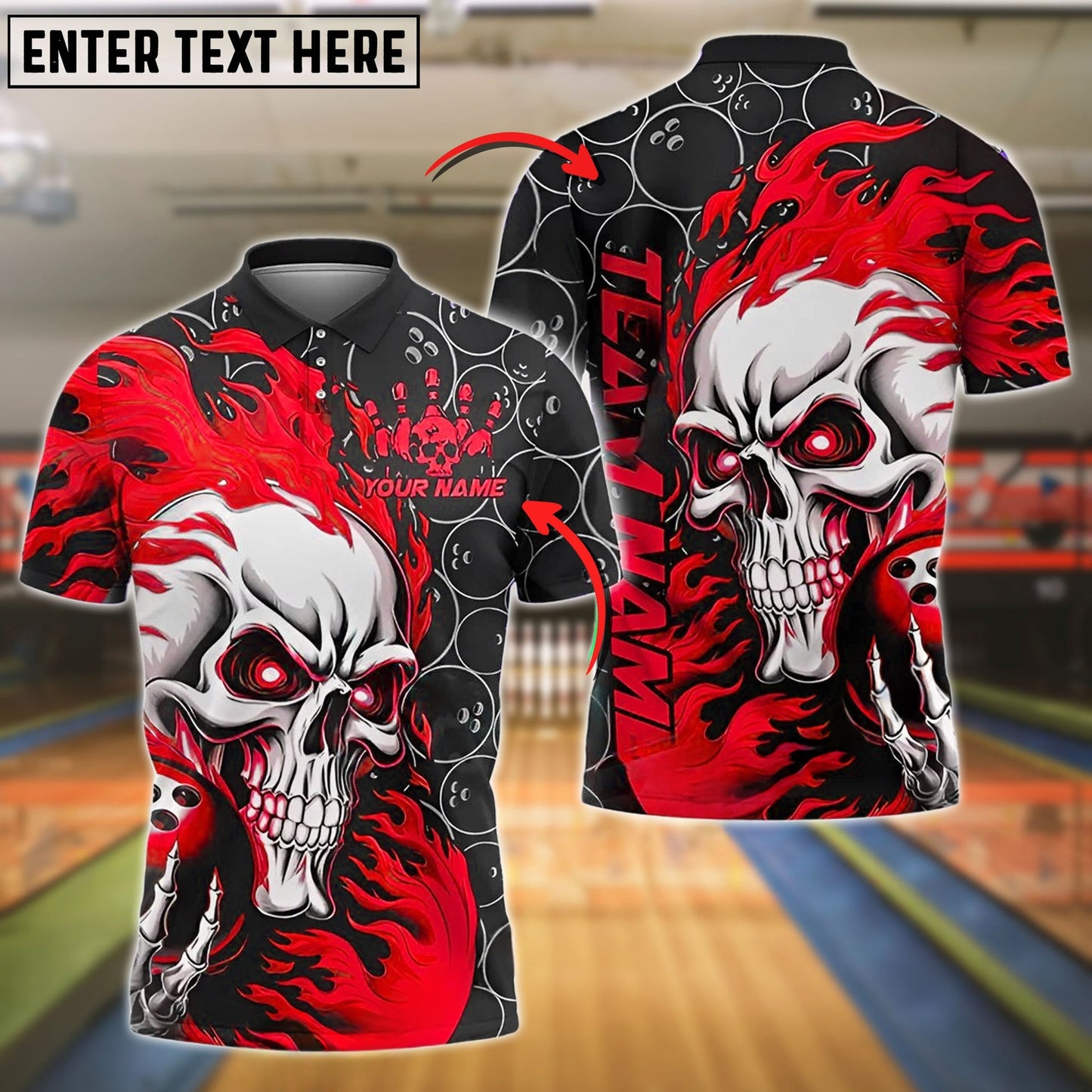 Bowling Flaming Skull Strike Customized Name, Team Name 3D Shirt (4 Colors)