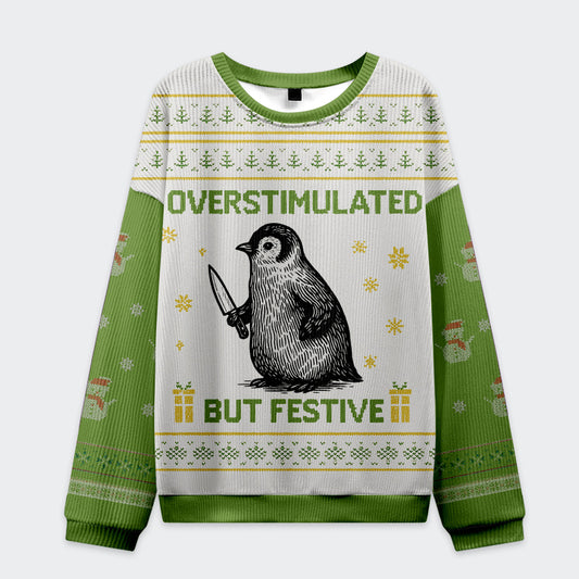 Penguin: Overstimulated but Festive Christmas Ugly Sweatshirt