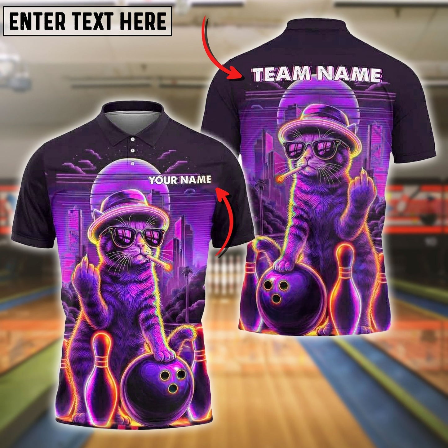 Bowling And Pins Cat Neon Style Customized Name, Team Name 3D Shirt (4 Colors)