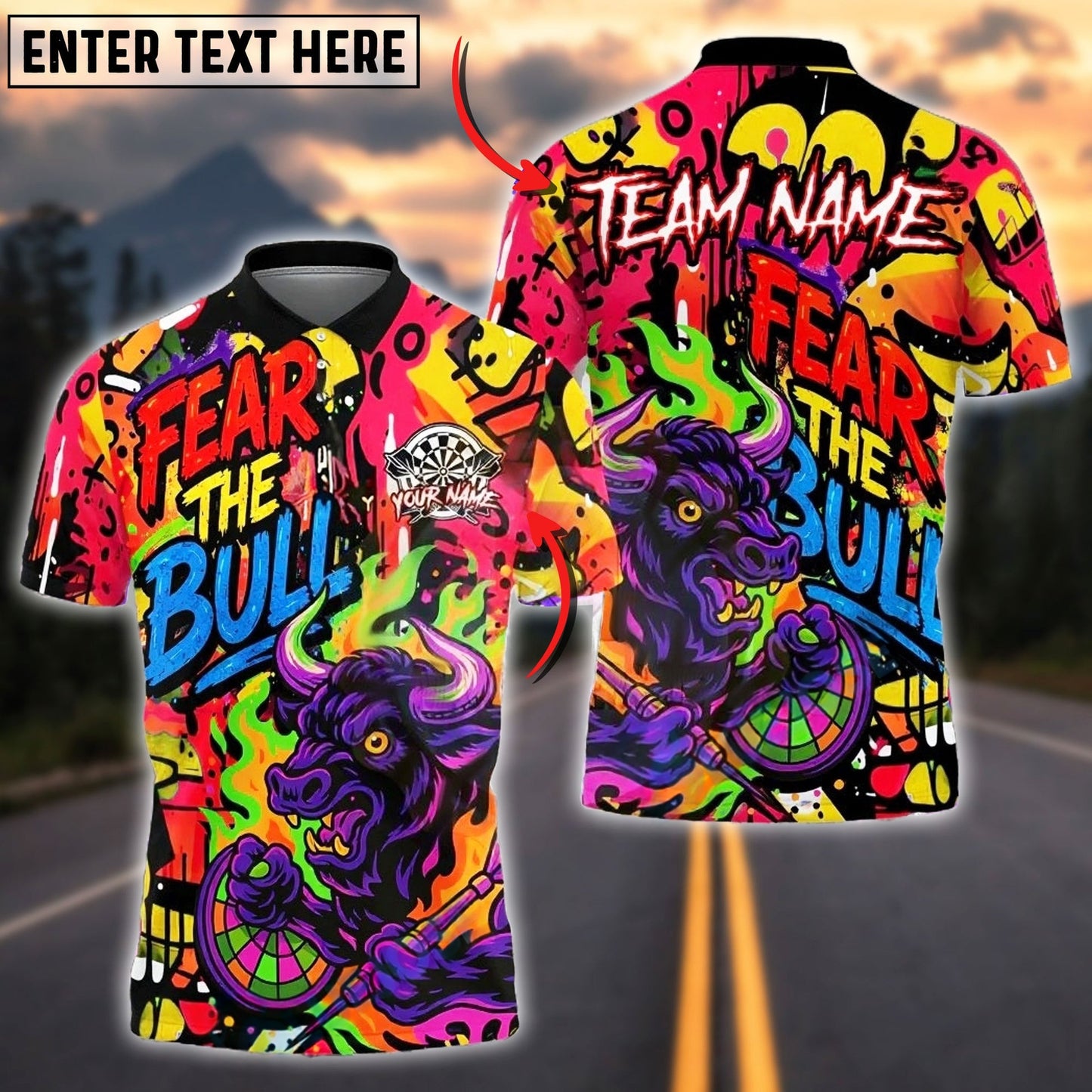 Darts Fear The Bull Graffiti Style Customized Name, Team Name 3D Shirt (4 Colors)