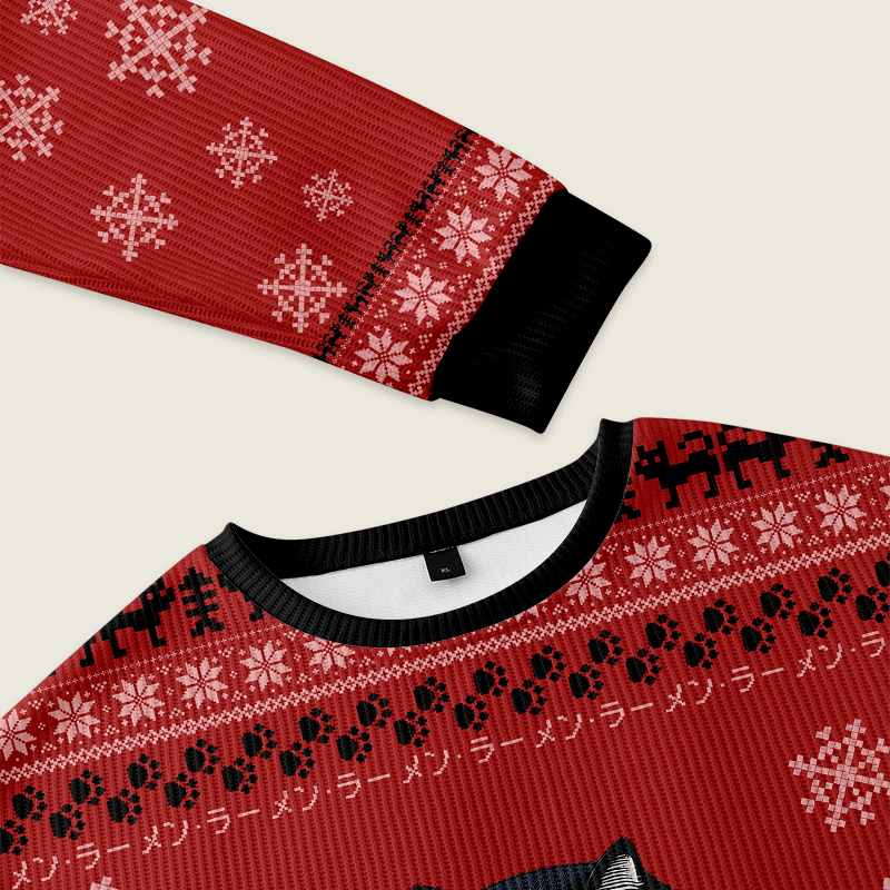 Fat Cat Eating Ramen Christmas Ugly Sweatshirt