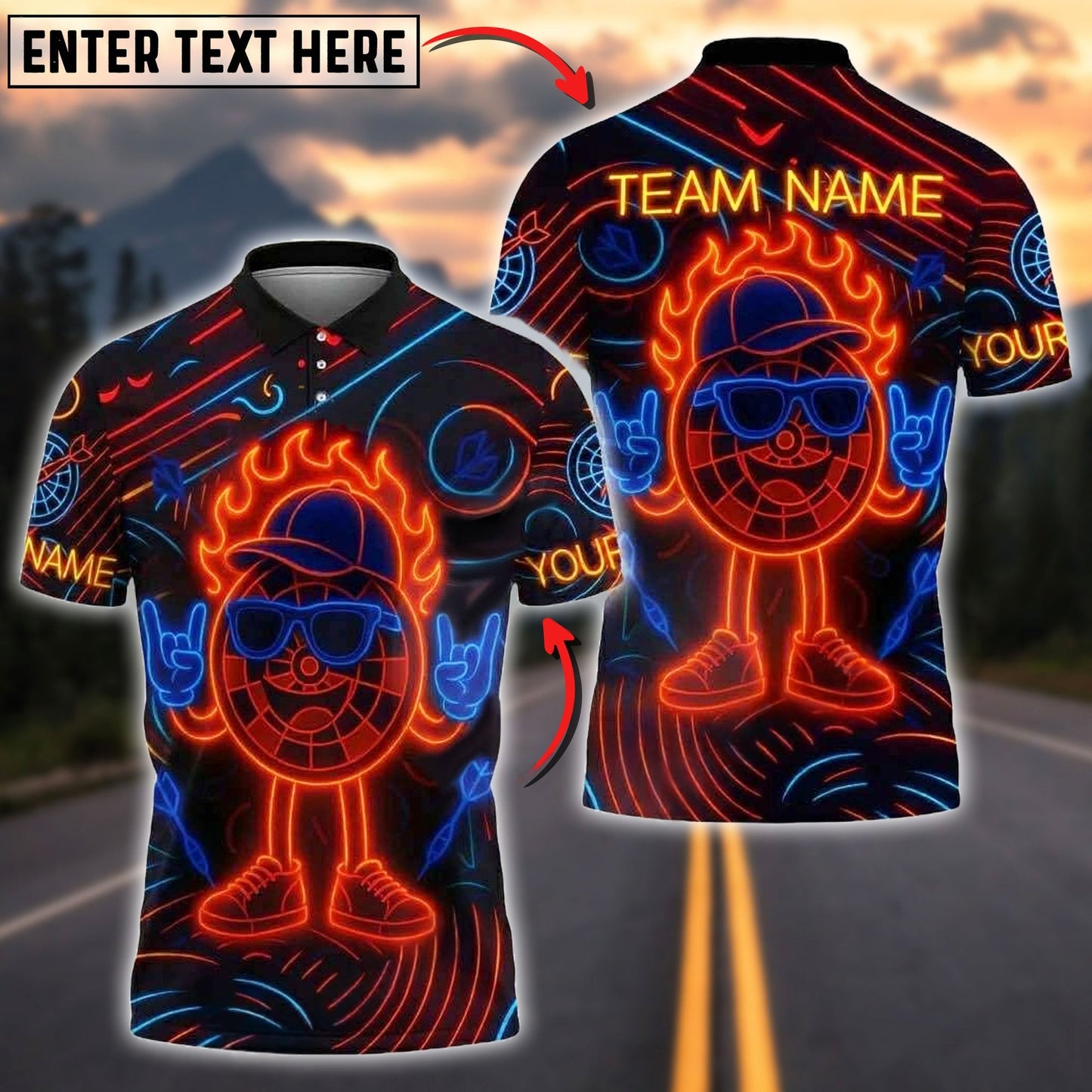 Darts Rock n' Roll Flaming Neon Cool Design Customized Name, Team Name 3D Shirt (4 Colors)