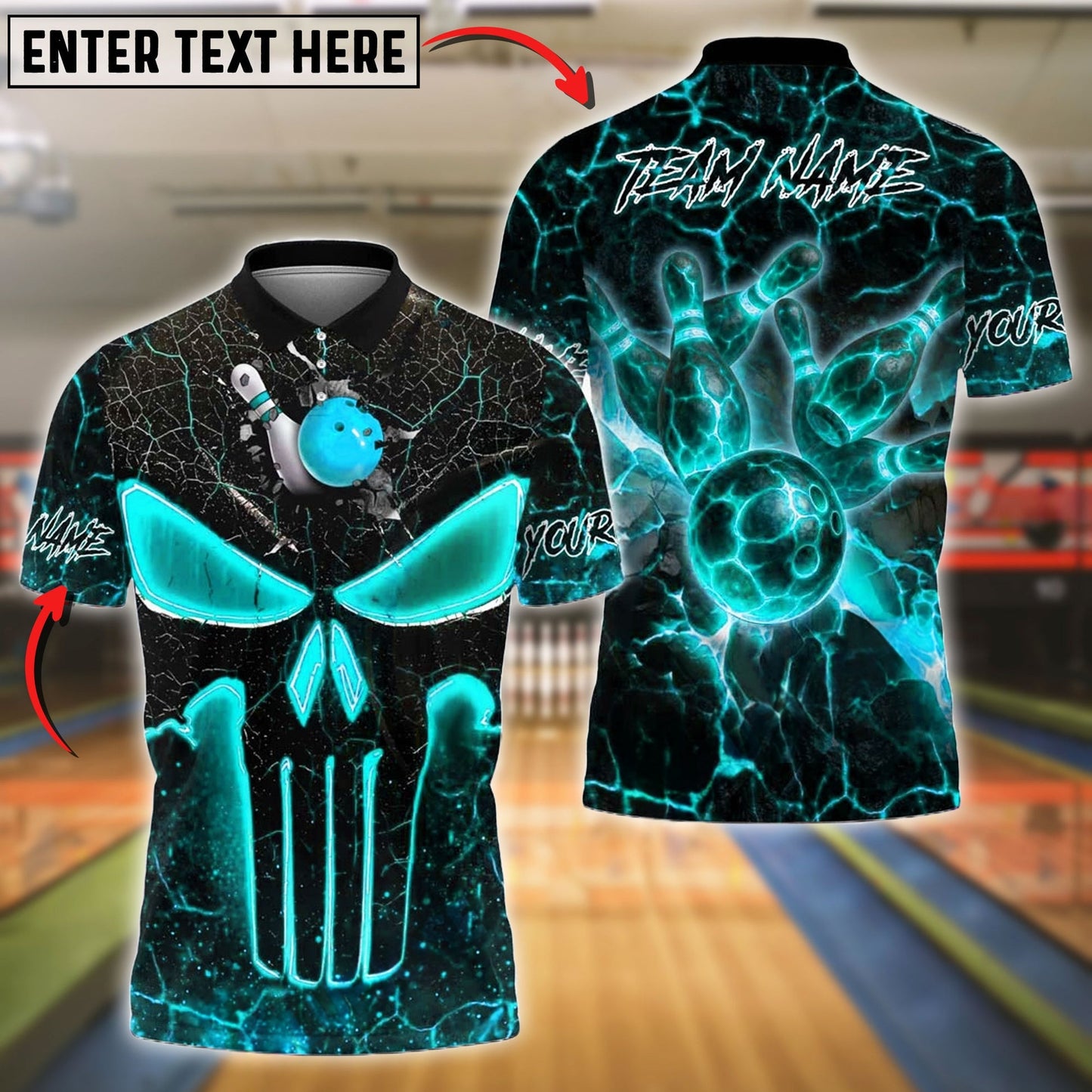 Bowling And Pins Flaming Punisher Skull Customized Name, Team Name 3D Shirt (4 Colors)