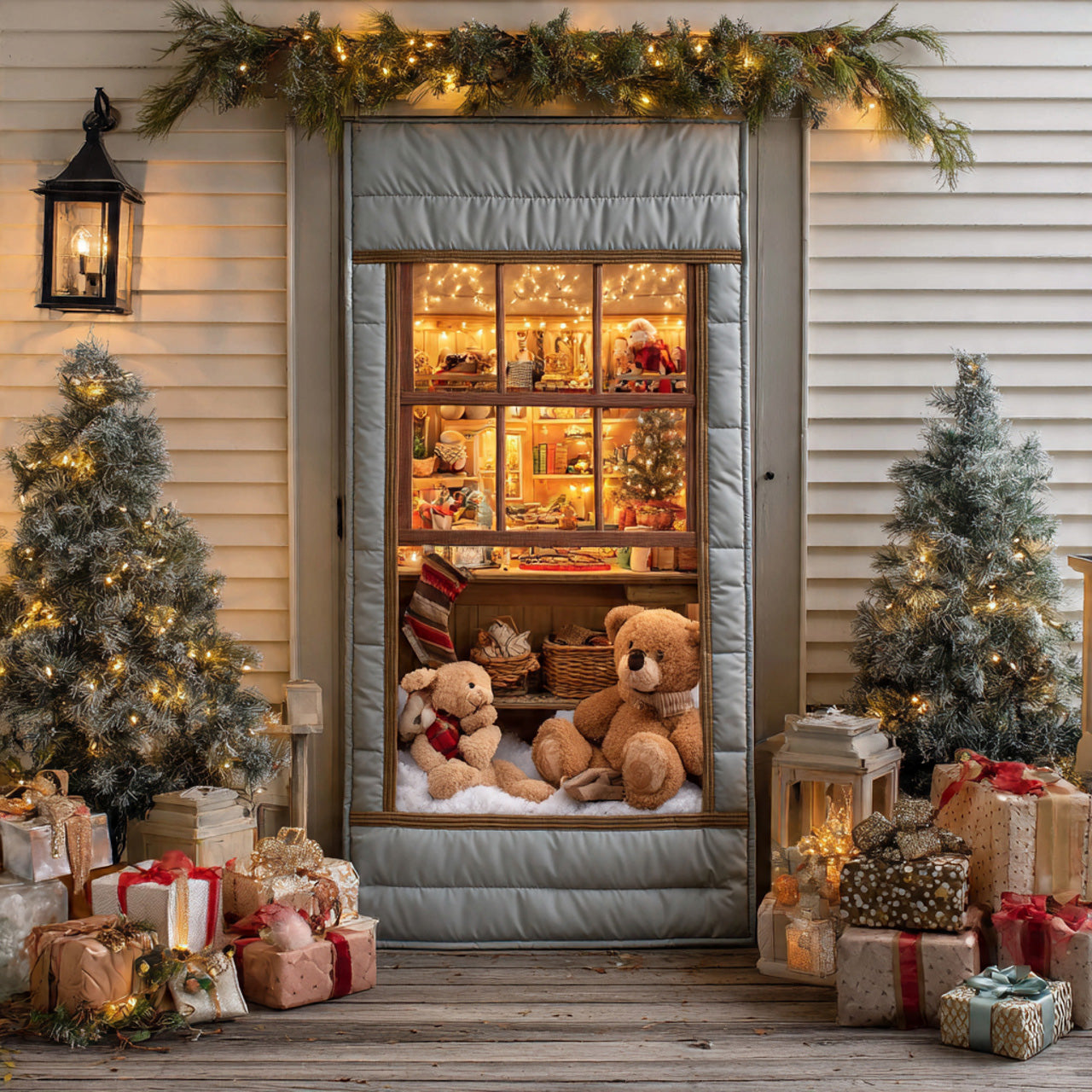 Silver Frame Toy Shop Scene with Plush Bears — Outdoor Christmas Door Cover, Festive Porch