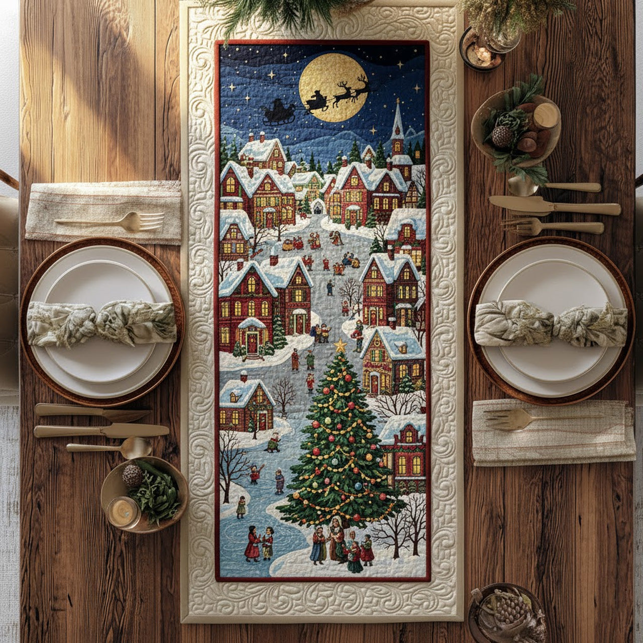 Snowy Town Christmas Quilted Table Runner — Santa Sleigh & Moonlit Village Scene