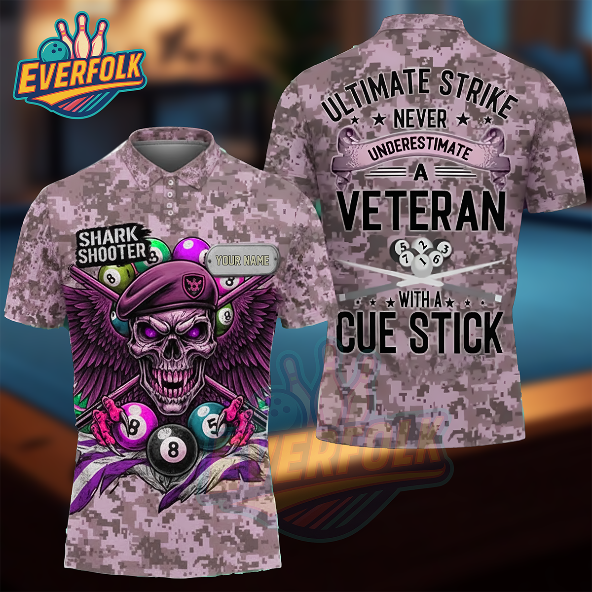 Ultimate Strike – Veteran Shark Shooter Camo Polo for Billiards Lovers