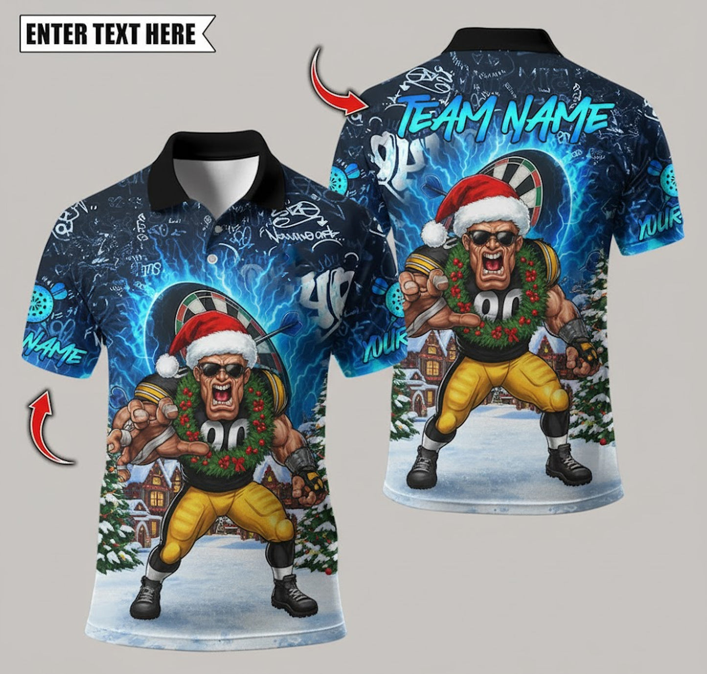 Linebacker Rage Darts Polo — Santa Hat & Lightning — Personalized Team Shirt