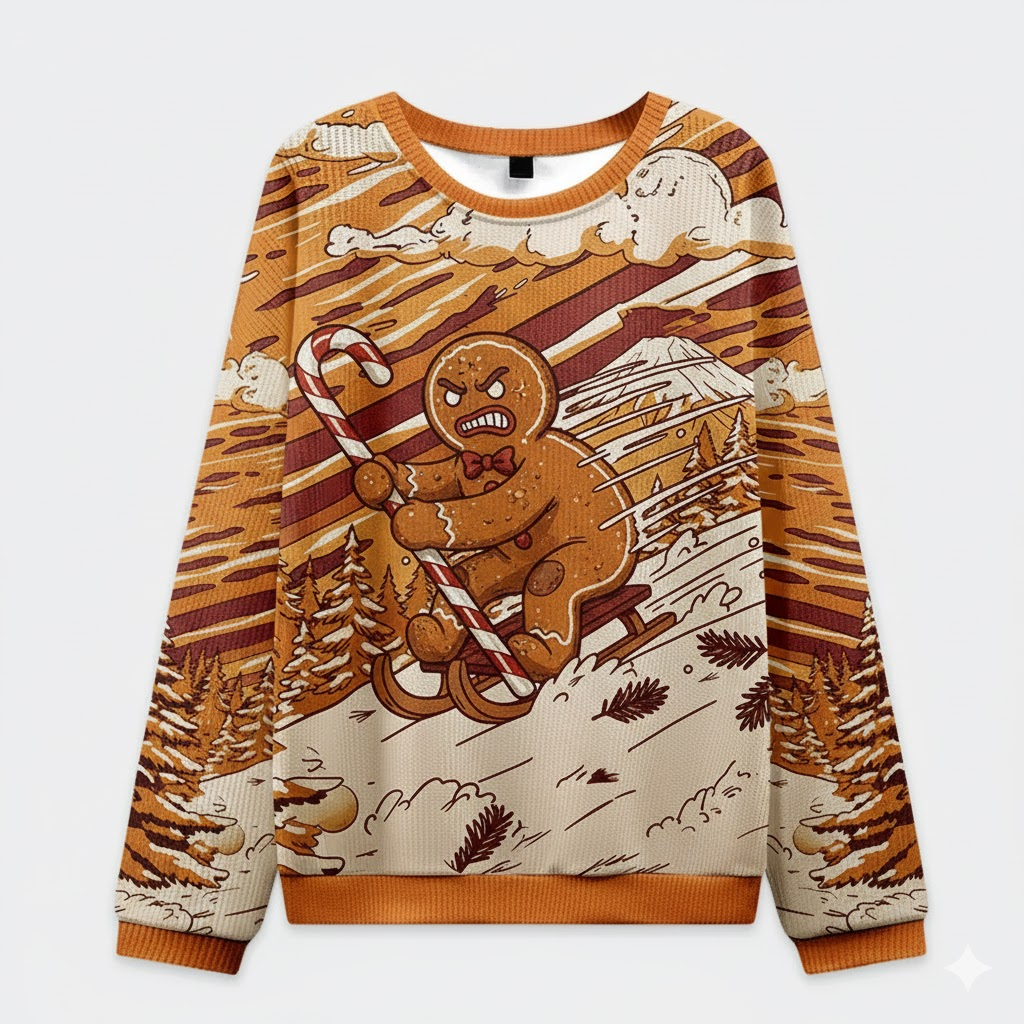 πͺ Angry Gingerbread Sledding Ugly Christmas Sweater β Funny Cookie Holiday Top